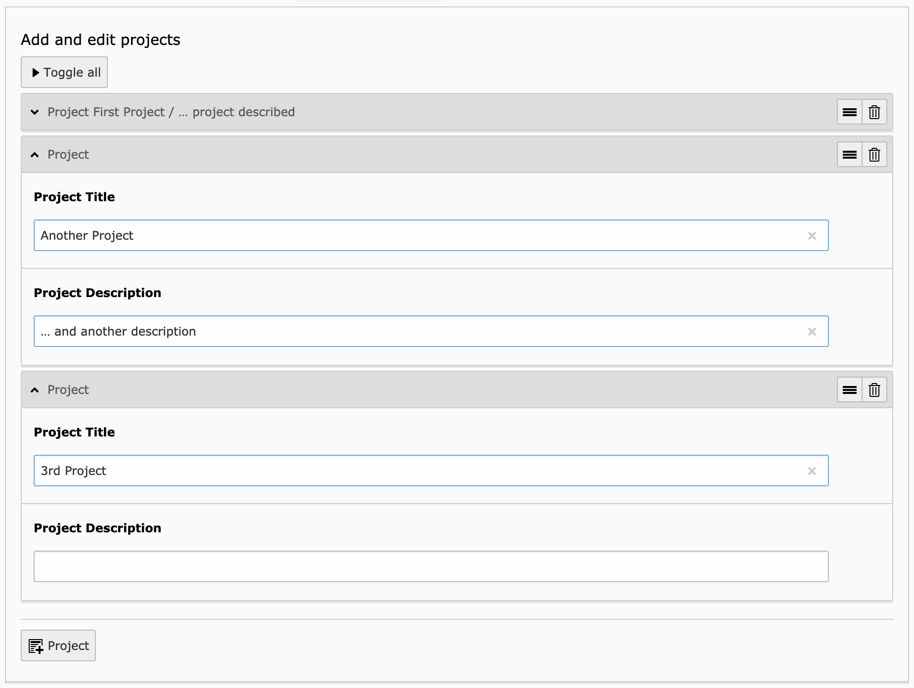 Screenshot of the flexform for the projects list